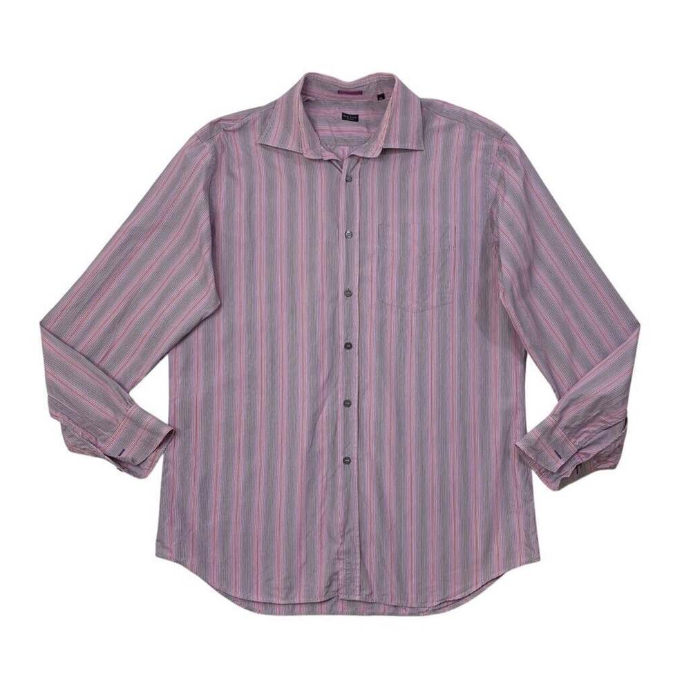 Paul Smith Shirt Mens 17.5 Pink Purple Multi Stripe Cotton Button Up Long Sleeve